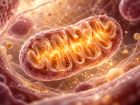 Ilustrácia mitochondrie s vnútornými záhybmi a jemnou zlatistou žiarou